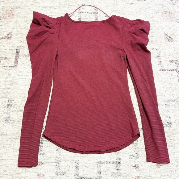 Free People Penelope Red Stripe Puff Sleeve Stretch Knit Top Size Small - Picture 10 of 10